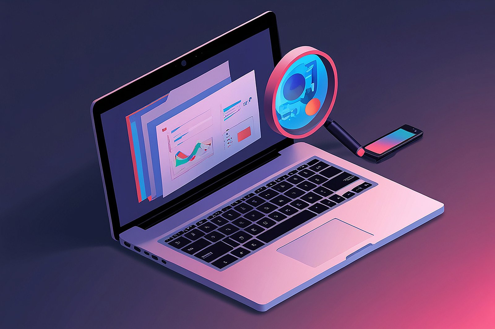 Flat 3D Isometric Laptop Computer with Folders and Magnifying Gl